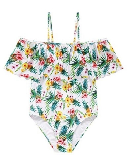 Wantdo Girl's One Piece Hawaiian Ruffle Swimsuit Floral Swimwear