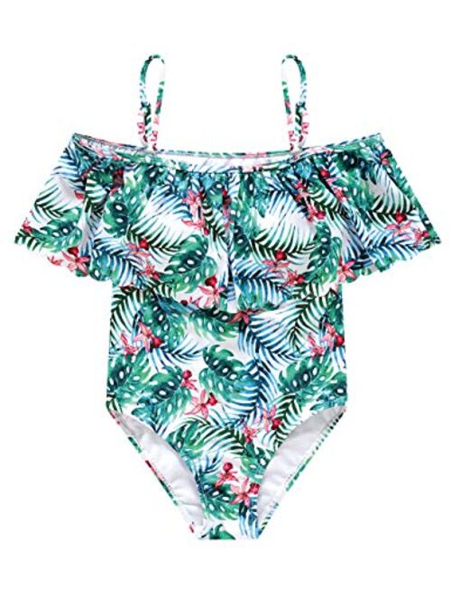 Wantdo Girl's One Piece Hawaiian Ruffle Swimsuit Floral Swimwear