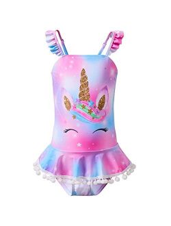 ICOSY Girls Swimsuit One Piece Bathing Suit for Girls Unicorn Bikini Tankini Swimwear Toddler Kids Ruffle Swimming Suit