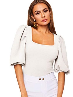 Women's Casual Puff Sleeve Square Neck Slim Fit Crop Tee Tops