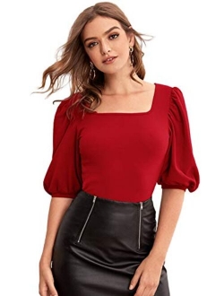 Women's Casual Puff Sleeve Square Neck Slim Fit Crop Tee Tops