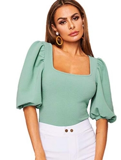 Women's Casual Puff Sleeve Square Neck Slim Fit Crop Tee Tops