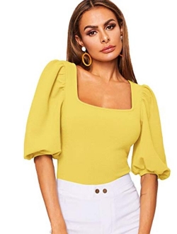 Women's Casual Puff Sleeve Square Neck Slim Fit Crop Tee Tops