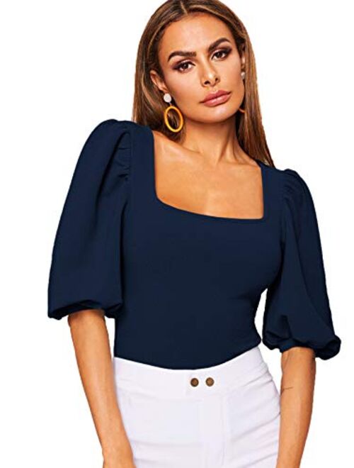 Romwe Women's Casual Puff Sleeve Square Neck Slim Fit Crop Tee Tops