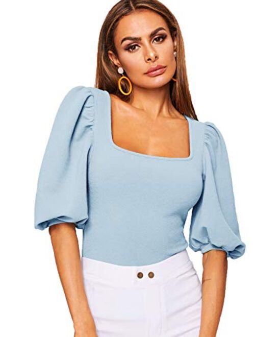 Romwe Women's Casual Puff Sleeve Square Neck Slim Fit Crop Tee Tops