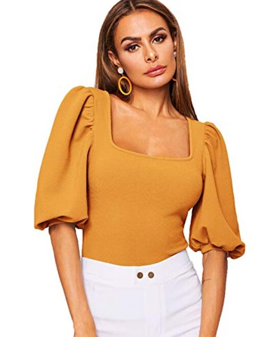 Romwe Women's Casual Puff Sleeve Square Neck Slim Fit Crop Tee Tops