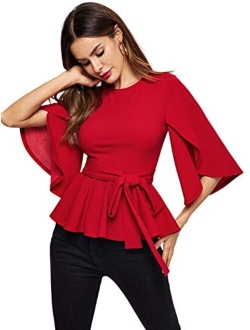 Women's Split Half Sleeve Zipper Belted Knot Drap Casual Slim Fit Blouse Top