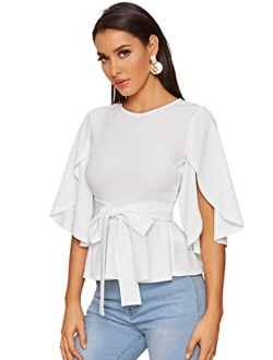 Women's Split Half Sleeve Zipper Belted Knot Drap Casual Slim Fit Blouse Top