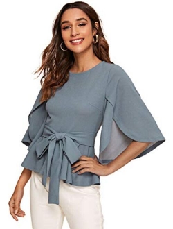 Women's Split Half Sleeve Zipper Belted Knot Drap Casual Slim Fit Blouse Top