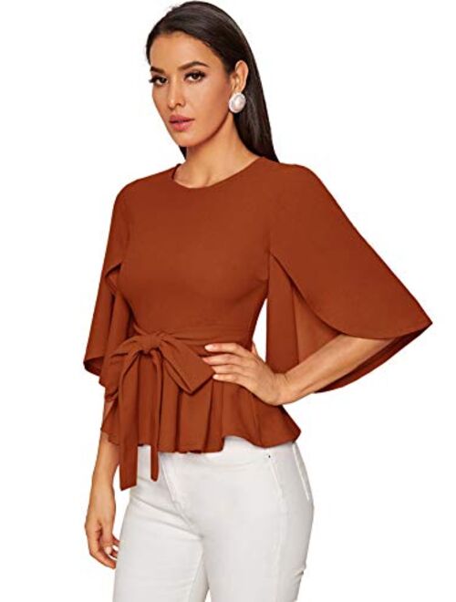 Romwe Women's Split Half Sleeve Zipper Belted Knot Drap Casual Slim Fit Blouse Top