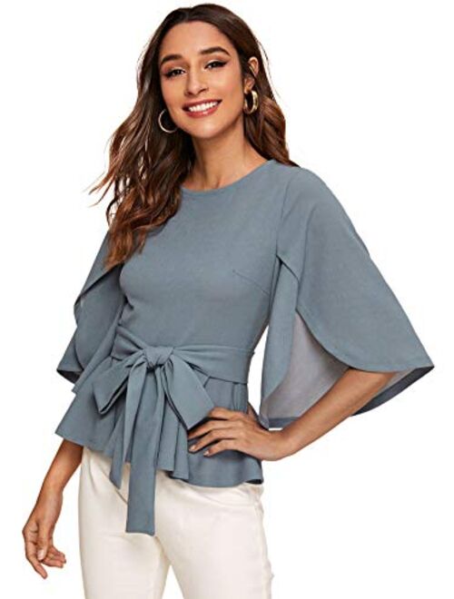 Romwe Women's Split Half Sleeve Zipper Belted Knot Drap Casual Slim Fit Blouse Top