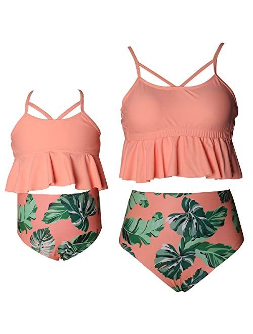 PURFEEL Womens High Waist Swimwear Girls Swimsuit Mum and Me Matching Swimsuit