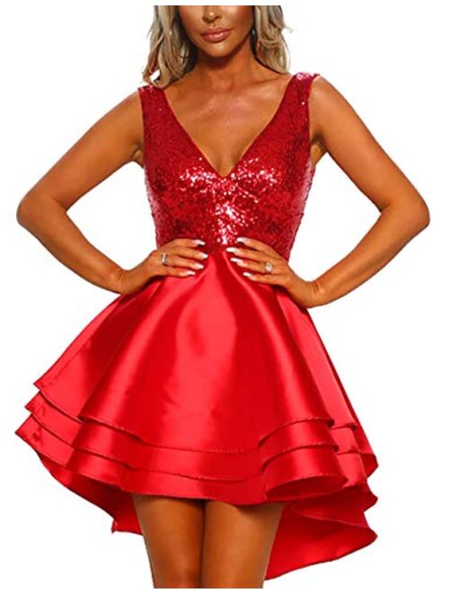 Lrady Women's Sequin Glitter V Neck Skater Mini Club Cocktail Party Swing Dress