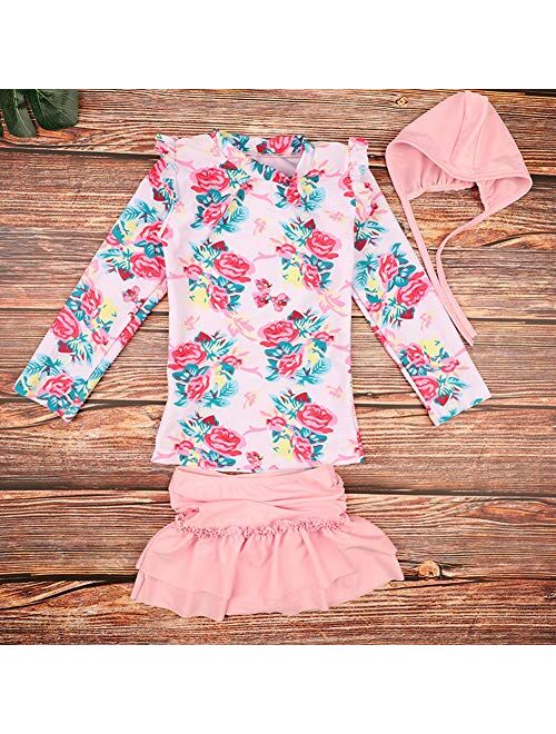 Baby Girls Kids 3 Piece Long Sleeve Floral UV Sun Protection Rash Guards Swimsuit Bathing Suit