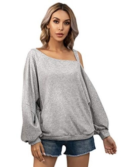 Womens Raw Hem Open Cold Shoulder Top Long Sleeve Heathered Pullover Tee Shirt