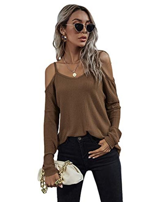 Romwe Womens Raw Hem Open Cold Shoulder Top Long Sleeve Heathered Pullover Tee Shirt