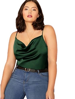 Women's Plus Size Draped Neck Casual Spaghetti Strap Satin Cami Tank Top