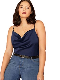 Women's Plus Size Draped Neck Casual Spaghetti Strap Satin Cami Tank Top