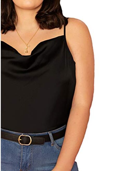 Romwe Women's Plus Size Draped Neck Casual Spaghetti Strap Satin Cami Tank Top