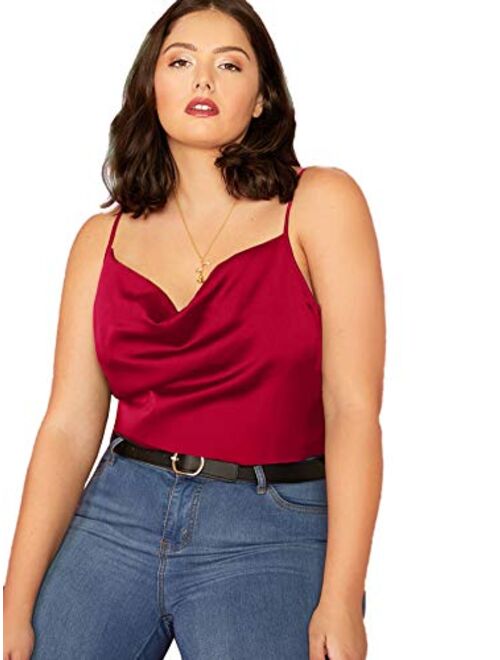 Romwe Women's Plus Size Draped Neck Casual Spaghetti Strap Satin Cami Tank Top