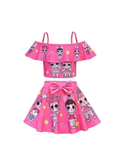 Rohero Toddler Baby Girls Swimsuits Two Piece Doll Print Ruffle Swimwear Bathing Suit for Doll Surprised Beach Tankinis