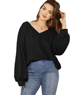 Women's Plus Size Casual Drop Shoulder Lantern Long Sleeve V Neck Blouse Top Shirts