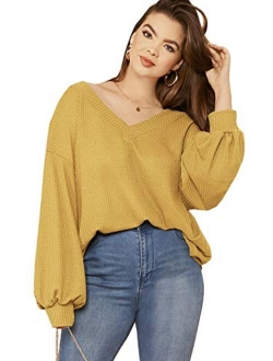 Women's Plus Size Casual Drop Shoulder Lantern Long Sleeve V Neck Blouse Top Shirts