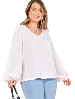 Women's Plus Size Casual Drop Shoulder Lantern Long Sleeve V Neck Blouse Top Shirts