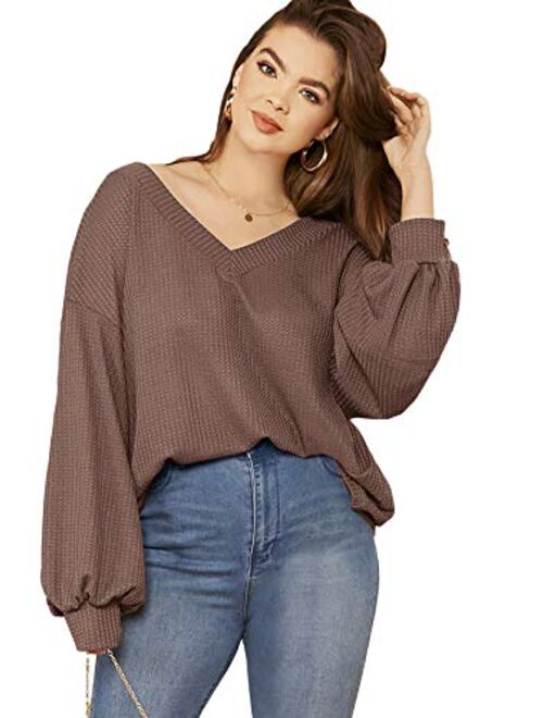 Romwe Women's Plus Size Casual Drop Shoulder Lantern Long Sleeve V Neck Blouse Top Shirts