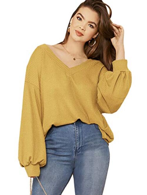 Romwe Women's Plus Size Casual Drop Shoulder Lantern Long Sleeve V Neck Blouse Top Shirts