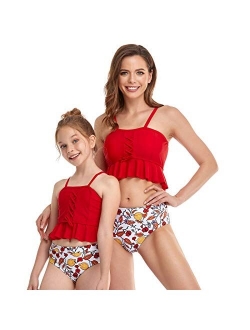 2Pcs Baby Girl Swimsuit High Waisted Bathing Suit Halter Neck Swimwear Women Bikini Sets for Family