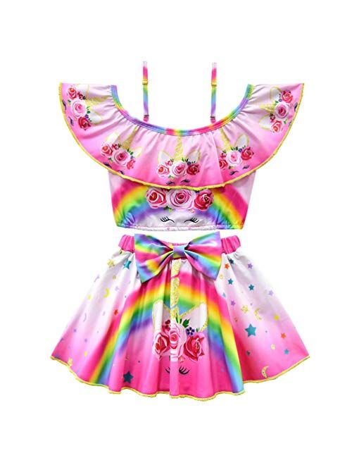 CLanItris Two-Piece Girls' Off Shoulder Unicorn Swimsuit Ruffle Top Tankini Bathing Suit Swimwear