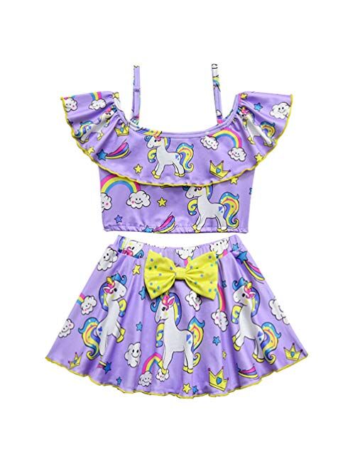 CLanItris Two-Piece Girls' Off Shoulder Unicorn Swimsuit Ruffle Top Tankini Bathing Suit Swimwear