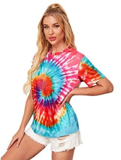 Women's Colorful Tie Dye Ombre Round Neck Tee Shirt Top