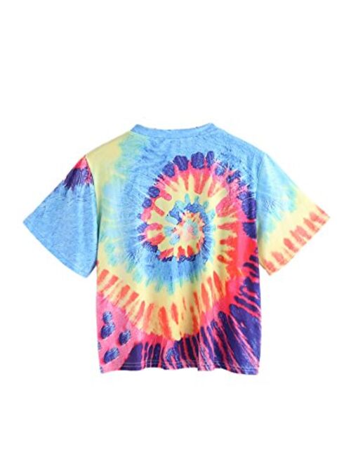 Romwe Women's Colorful Tie Dye Ombre Round Neck Tee Shirt Top