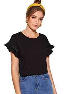 Women's Short Sleeve Ruffle Trim Contrast Lace Cotton Summer Blouse Top