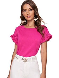 Women's Short Sleeve Ruffle Trim Contrast Lace Cotton Summer Blouse Top