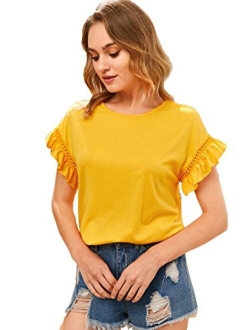 Women's Short Sleeve Ruffle Trim Contrast Lace Cotton Summer Blouse Top