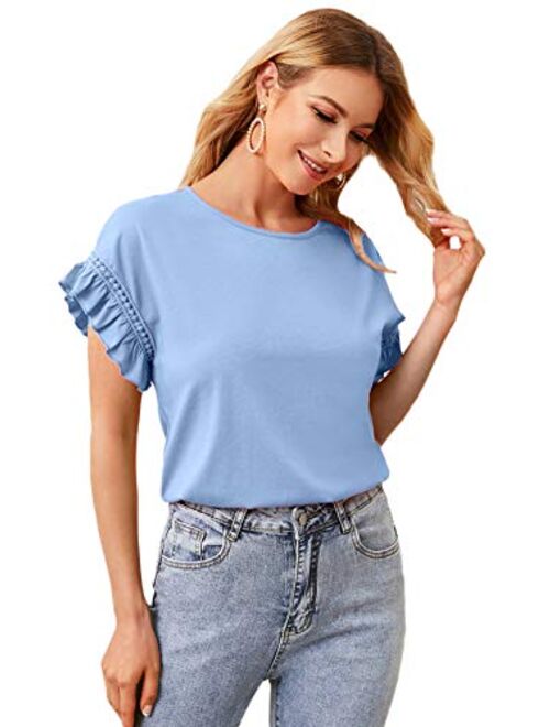 Romwe Women's Short Sleeve Ruffle Trim Contrast Lace Cotton Summer Blouse Top