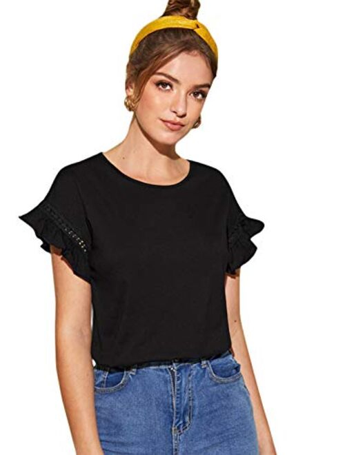 Romwe Women's Short Sleeve Ruffle Trim Contrast Lace Cotton Summer Blouse Top