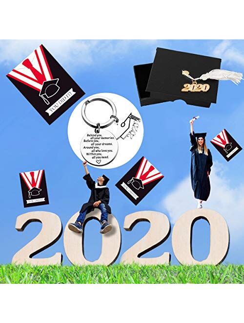 Firsteel 2020 Graduation Keychain, Inspirational Gift for Seniors, College Graduate Keyring, Grad Idea for Him or Her (with 2020 Cap Box & Card & Bag)