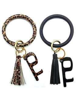 Spiritlele 2PCS Wristlet Keychain Bracelet Leather Keyring Bangle Tassel Big Round Key Chain for Women Girls