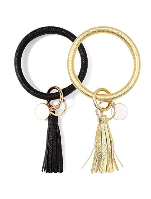 Spiritlele 2PCS Wristlet Keychain Bracelet Leather Keyring Bangle Tassel Big Round Key Chain for Women Girls