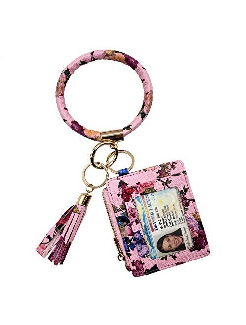 Beurlike Keychain Wallet Bracelet with Credit Card Holder for Women Wristlet Tassel Key Ring ID Wallet for Lady Girls