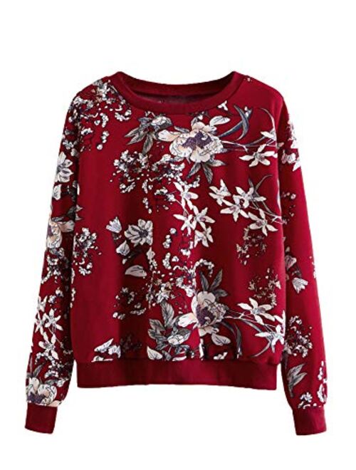 Romwe Women's Casual Floral Print Long Sleeve Lightweight Sweatshirt Pullover