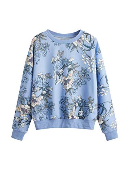 Romwe Women's Casual Floral Print Long Sleeve Lightweight Sweatshirt Pullover