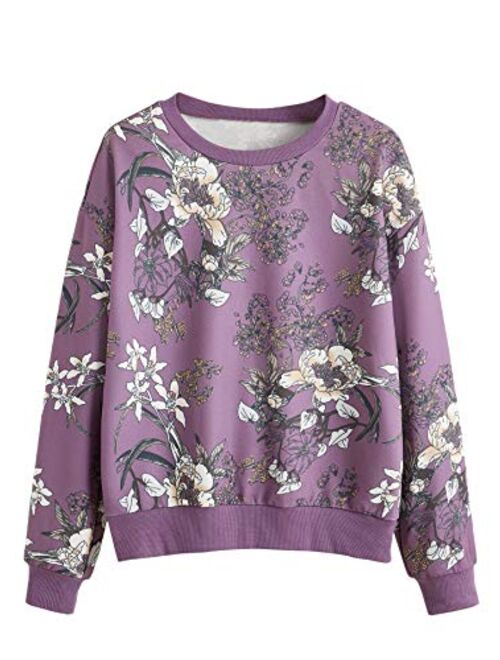 Romwe Women's Casual Floral Print Long Sleeve Lightweight Sweatshirt Pullover