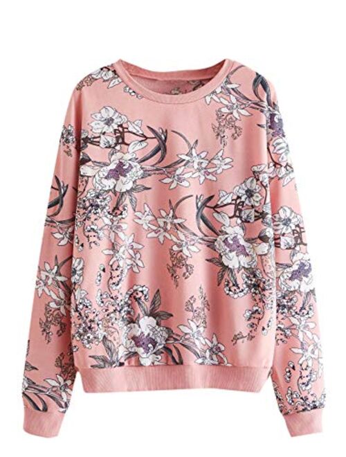 Romwe Women's Casual Floral Print Long Sleeve Lightweight Sweatshirt Pullover