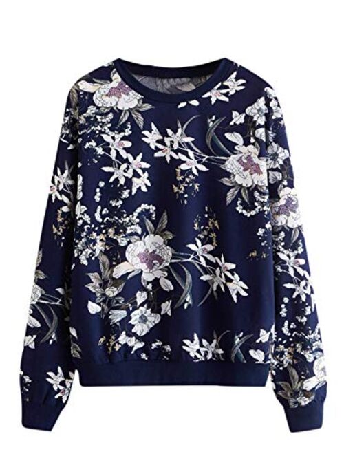 Romwe Women's Casual Floral Print Long Sleeve Lightweight Sweatshirt Pullover