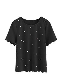 Women's Scalloped Pearl Embellished Short Sleeve Textured Blouse Top